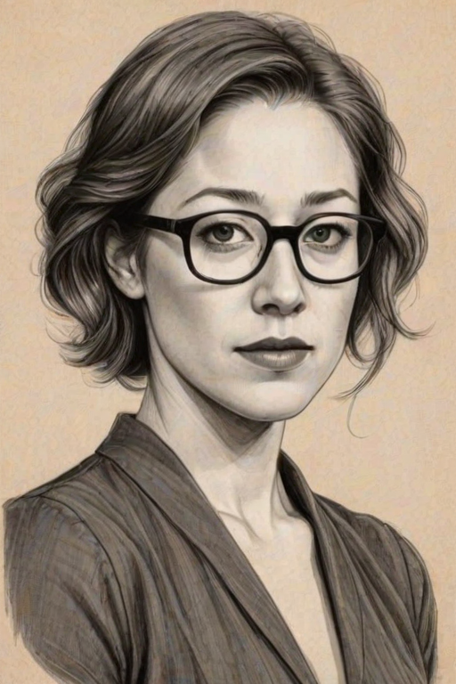 Fetching Carrie Coon, pencil sketch, portrait of Attractive woman 1921s in glasses, hair style beatnik, outline, clear lines, fine lines, 8k