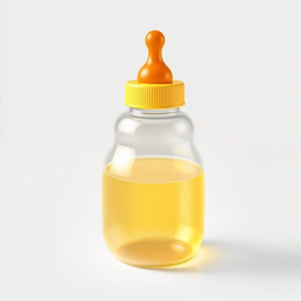 Create a highly detailed vector illustration of a baby bottle with a yellow lid and orange nipple, using a DSLR camera at f/2.8 aperture, 50mm lens, top-down view, with soft lighting to enhance colors and shadows.