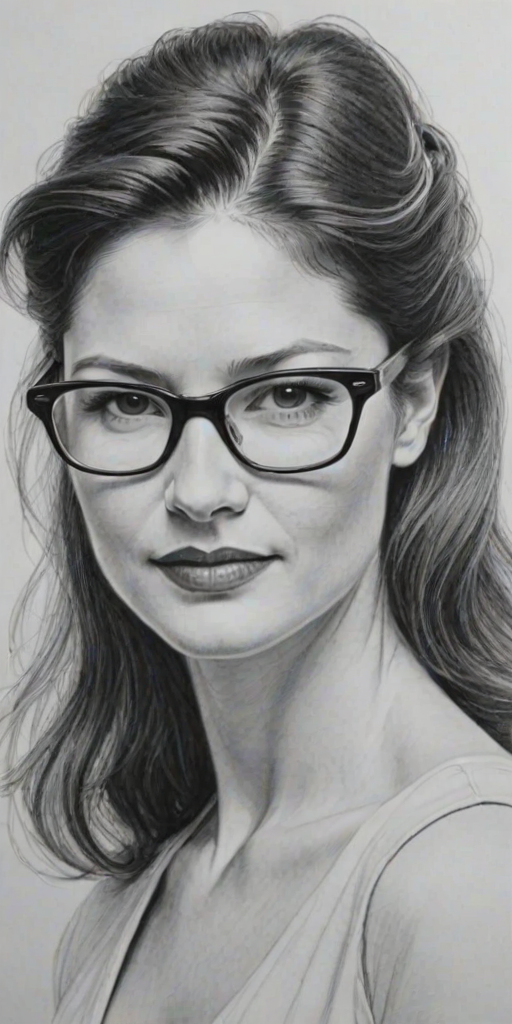 Delightful Jill Hennessy, pencil sketch, portrait of Resplendent woman 1954s in glasses, hair style beatnik, outline, clear lines, fine lines, 8k