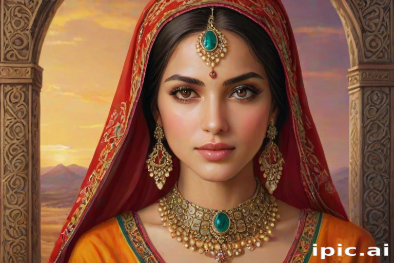 Create a portrait of a beautiful woman with striking hazel eyes and a gentle expression. She is adorned in traditional attire with intricate patterns, including a richly embroidered headscarf and matching garments. Her jewelry includes a delicate headpiece, dangling earrings, and ornate bracelets, all featuring vibrant gemstones and detailed metalwork. The background is soft and warm, enhancing the rich colors of her outfit and jewelry.