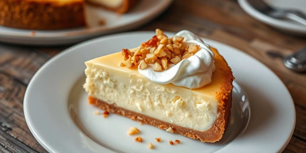 A slice of creamy cheesecake topped with whipped cream and sprinkled with chopped nuts on a white plate, sitting on a rustic wooden table with another plate in the background.