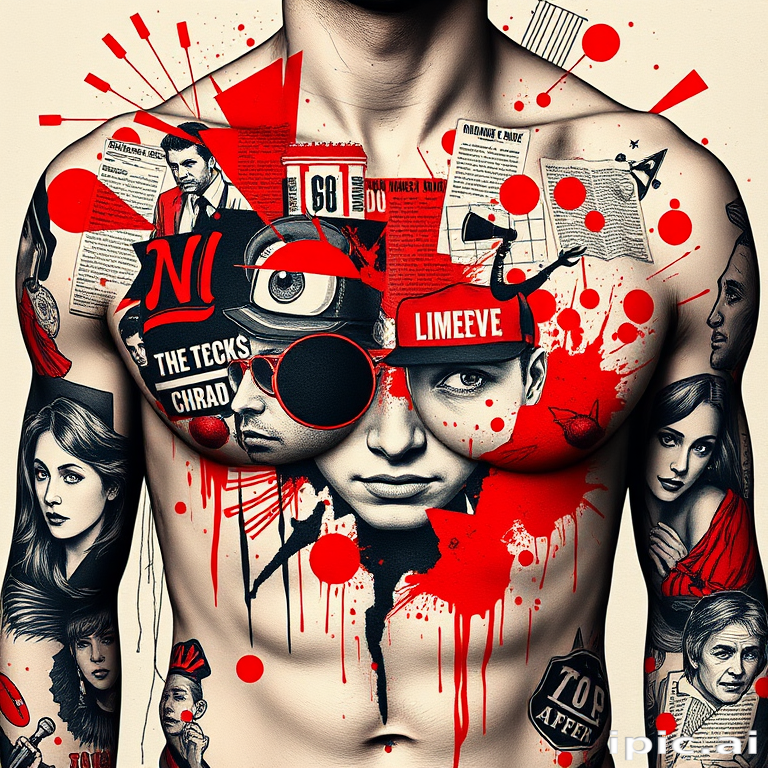 Trash polka tattoo style known as "Urban Chaos" combining bold red and black elements, newspaper clippings, abstract shapes, and realistic portraits for a striking contrast, ideal for chest or ribs
