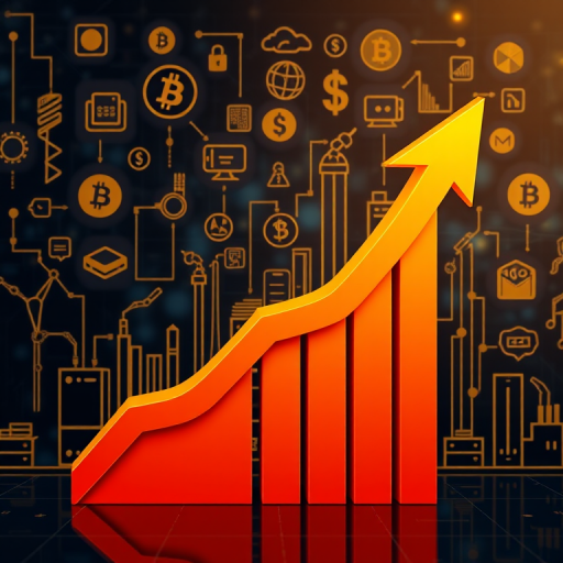 Create an image of a rising graph represented by a bold, 3D arrow with a gradient orange color, set against a technology-themed background featuring icons like money, smartphones, factories, and blockchain symbols, captured with a DSLR camera at f/8 aperture, 35mm focal length, in natural light, using a panoramic view for a professional finish.