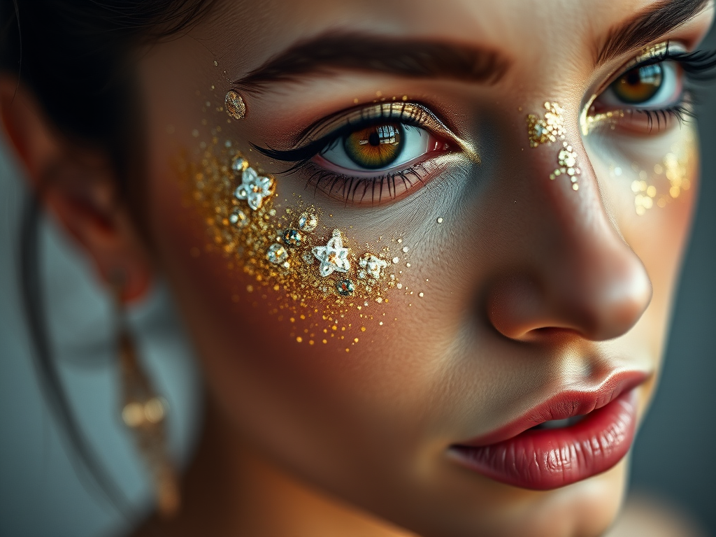close-up portrait of a woman with artistic makeup featuring gold glitter and crystals on her face, shallow depth of field, ISO 100, f/2.8, 85mm lens, natural light photography, macro camera type, focus on eyes and texture details.