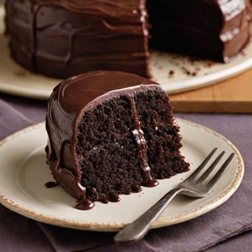 Create an image of a rich chocolate cake with a glossy dark chocolate frosting, sliced into neat squares. The cake should have a moist texture and a shiny finish, with a serrated knife placed beside it. The background should be simple and clean, emphasizing the cake's details.