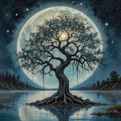 painting of a tree with a full moon in the background and water dripping from its branches, fantasy art, alcohol ink, 3D, 4K, HDRi