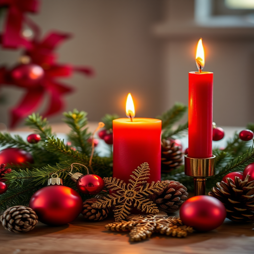 Create a festive still life scene featuring two lit red candles surrounded by holiday decorations like red ornaments, pine branches, pine cones, and a gold snowflake, captured with a DSLR camera at f/2.8, ISO 100, 50mm lens, in soft natural lighting for a warm and inviting atmosphere.