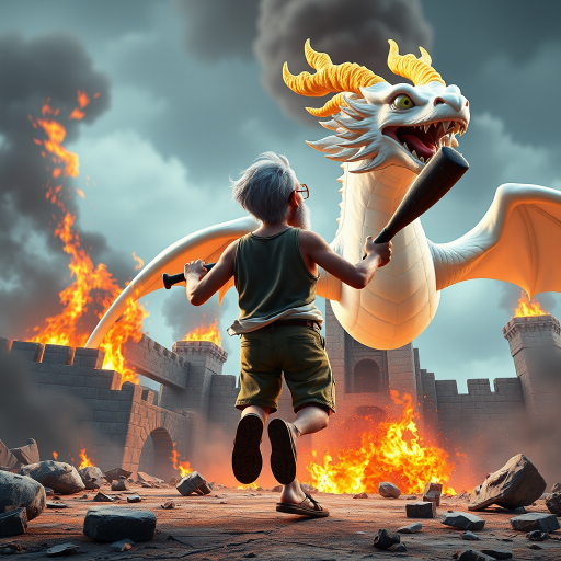 Cartoon 3D High-Resolution,dynamic battle scene using Unreal Engine 5 and Octane Render. The scene features back of an elderly, thai man with a beard,messy hair and round golden-rimmed glasses. He is wearing a tattered tank top with soot marks, shorts, and sandals. sweating. he wields a baseball bat. He jump to fight with a white fire-breathing Europe dragon amidst a partially destroyed stone castle. Include intense flames, smoke, and debris to enhance the dramatic effect.