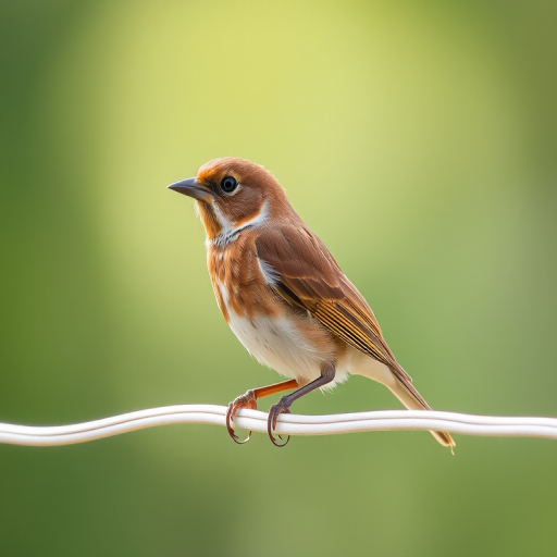 capture a clear, close-up image of a brown bird perched on a white wire using a DSLR camera with a 50mm lens, aperture f/2.8, shutter speed 1/250s, ISO 200, natural lighting to enhance detail and texture while maintaining a soft background blur