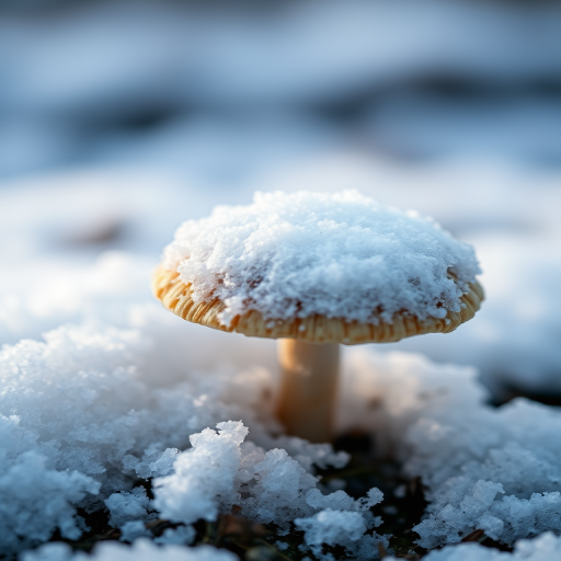A close-up of a single mushroom covered in snow, shot with a macro lens at f/2.8, 1/200 sec, ISO 100, soft natural light, with a shallow depth of field to highlight the texture of the mushroom and snow, using a DSLR camera.