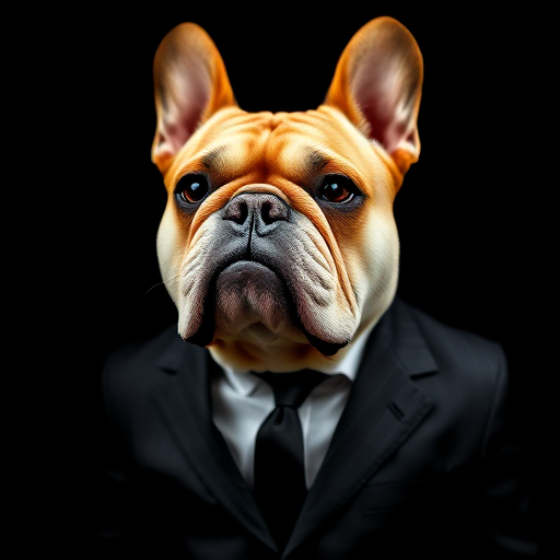 Create an image of a bulldog in a tailored suit, black background, high contrast, using a DSLR camera with a 50mm lens, f/1.8 aperture, ISO 100, in portrait view for detailed clarity and sharpness.