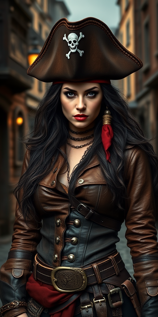 Create a portrait of a fierce female pirate. She wears a leather tricorn hat adorned with a skull and crossbones emblem, and her long, dark hair flows around her face. Her outfit consists of a richly detailed leather jacket, a corset, and multiple layers of belts and accessories, giving her a formidable and stylish appearance. She stands confidently in a dimly lit, historic port town, with a backdrop of weathered buildings and cobblestone streets, capturing the adventurous spirit of a pirate.