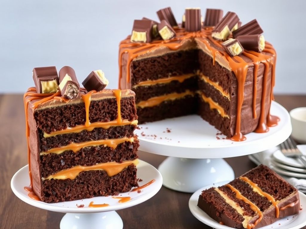 Chocolate cake with layers filled with caramel and frosting topped with chocolate bars and drizzled with caramel sauce on a white pedestal cake stand with a slice removed and served on a plate.
