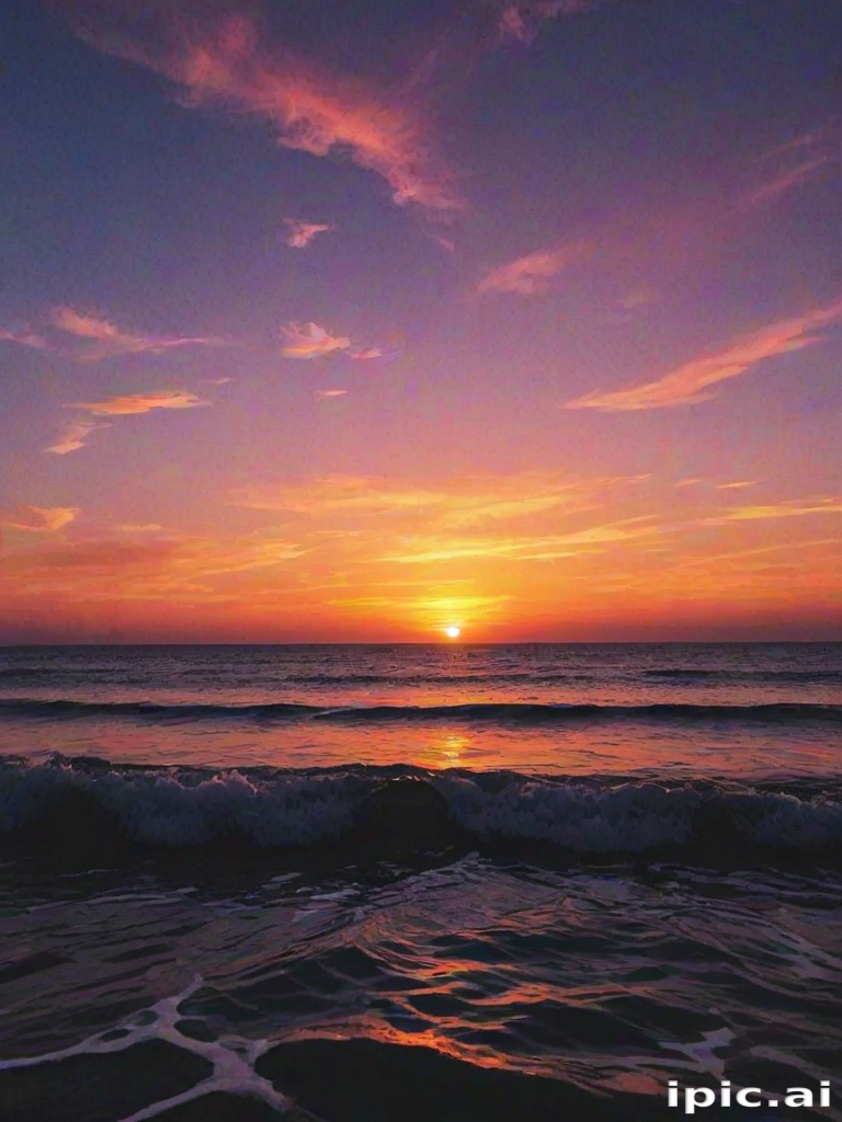 Stunning Sunset Over Calm Ocean Waves Under a Colorful Sky