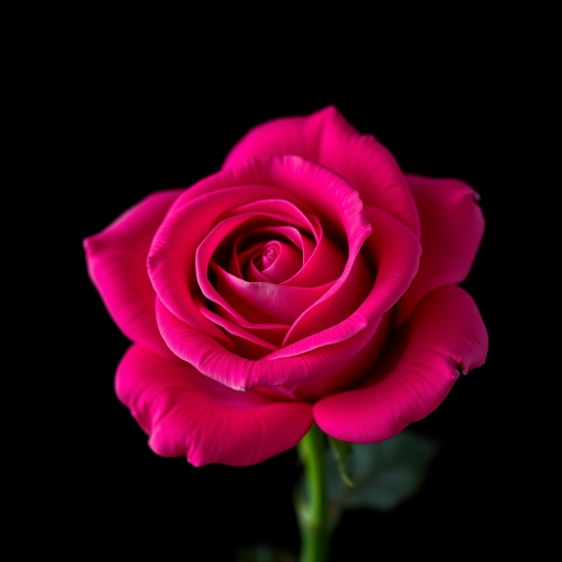 Ultra-detailed photograph of a vibrant pink rose on a black background, with soft-focus edges, taken with a Canon EOS R5, 100mm f/2.8 macro lens, aperture f/2.8, ISO 100, and a shutter speed of 1/200 sec, shooting in natural light for enhanced color depth and texture.