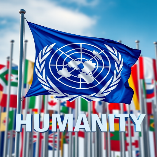 Create an image featuring the European flag prominently waving alongside the UN emblem, with the word "HUMANITY" in bold letters and a background made up of various international flags, captured in a high-resolution setting using a DSLR camera with a 50mm lens, f/1.8 aperture, ISO 200, and a vibrant color palette in a wide-angle view.