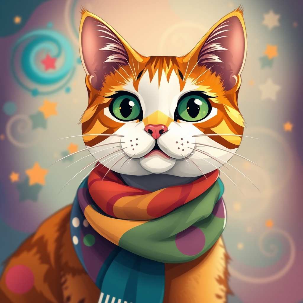 Create a detailed illustration of a stylized cat wearing a colorful scarf, with a whimsical background of swirls and stars, shot with a Canon EOS R5 at f/2.8, ISO 100, 1/200s, in vibrant colors, with a shallow depth of field to enhance foreground clarity and a soft bokeh effect.
