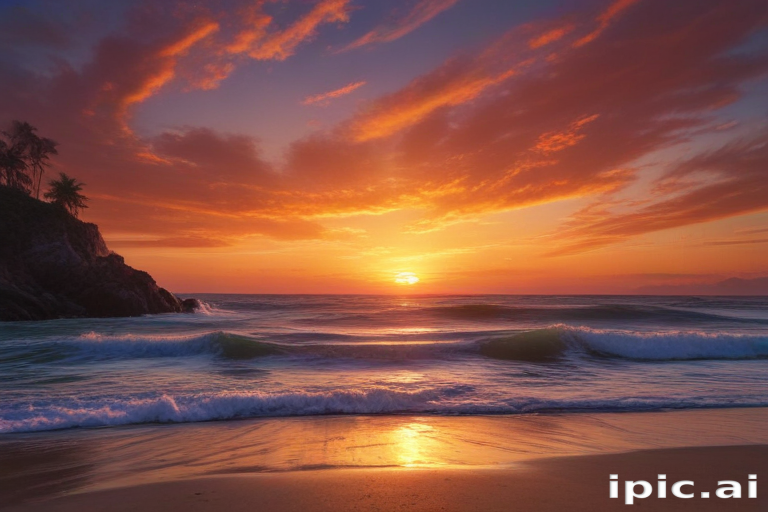 Stunning Sunset Over Tranquil Ocean Waves and Serene Rocky Coastline