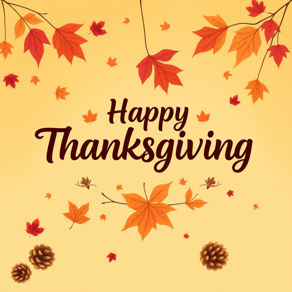 Create a warm and festive autumn-themed image with a gradient background of orange and yellow hues. Include a variety of falling leaves in shades of red, orange, and brown. In the center, display the text "Happy Thanksgiving" in a stylish and inviting font, using a dark brown color for contrast. Add subtle decorative elements like pine cones and additional leaves for a cozy, seasonal feel.