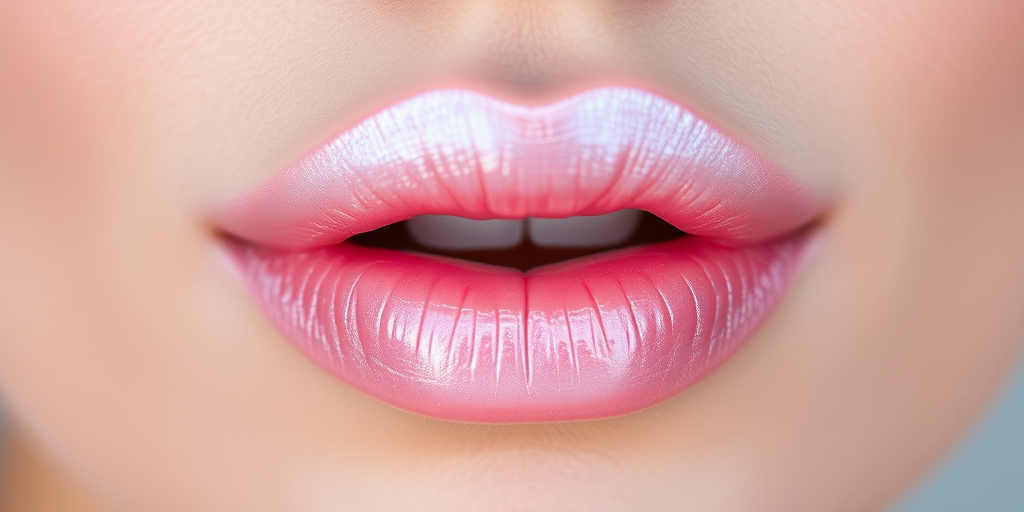 Iridescent pearl lips with a subtle pink undertone, delicate and ethereal, creating a luminous and angelic appearance