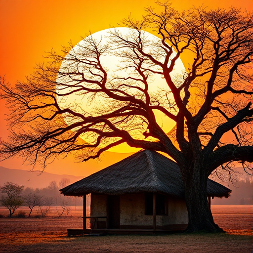 Generate an image of a traditional hut under a stylized tree with a large setting sun in the background, using a DSLR camera with 50mm lens, f/8 aperture, ISO 100, and a warm color tone for enhanced vibrancy, capturing a slightly elevated angle to emphasize depth and detail.