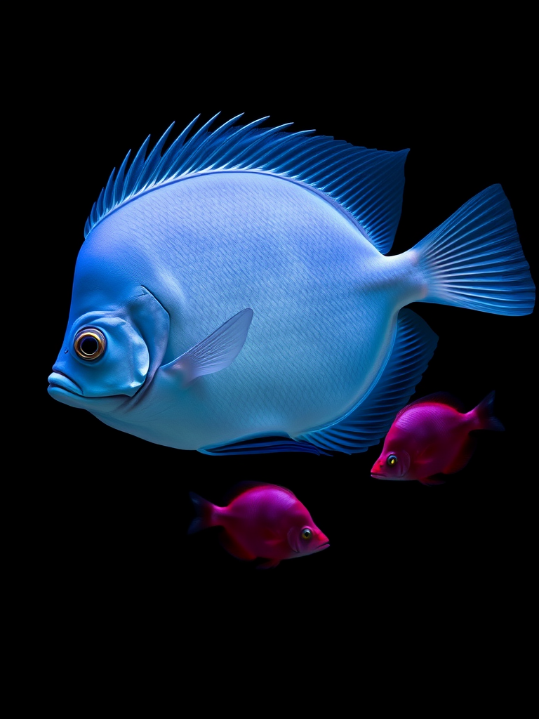 Create an image of a large blue fish with a simple design swimming alongside three smaller fish in shades of purple and maroon, using a Canon EOS 5D Mark IV camera, f/8 aperture, 50mm lens, and a top-down view to enhance visual clarity and detail against a black background.