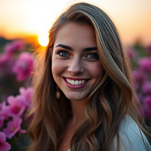 portrait of a smiling woman with long wavy hair and blue eyes in a soft-lit setting with pink flowers at sunset, f/1.8 aperture, 50mm lens, ISO 100, shallow depth of field, natural light, DSLR camera