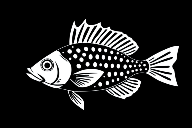 Create a high-contrast black and white illustration of a stylized fish with leaf-like fins on a black background, captured in a flat lay view using a DSLR camera at f/8 aperture, ISO 100, with natural soft lighting for even illumination.