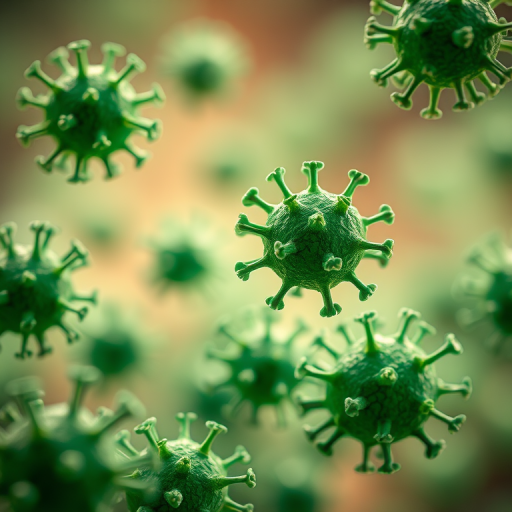 Generate a highly detailed close-up image of green virus particles with a soft-focus background, using a macro lens at f/11 aperture, 1/250 second shutter speed, ISO 100, and a slight vignette effect to enhance depth.