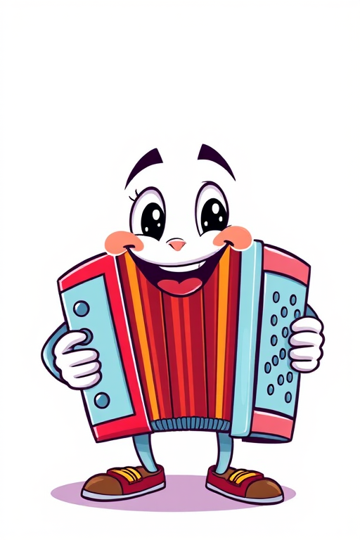 Create a vibrant and playful cartoon-style image of a smiling accordion and grater character, with bright colors and bold outlines, using a DSLR camera with a 50mm lens at f/1.8, ISO 100, and a shallow depth of field for enhanced image quality.