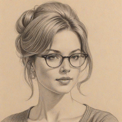 Captivating Debbie Ryan, pencil sketch, portrait of Delightful woman 1973s in glasses, hair style beatnik, outline, clear lines, fine lines, 8k