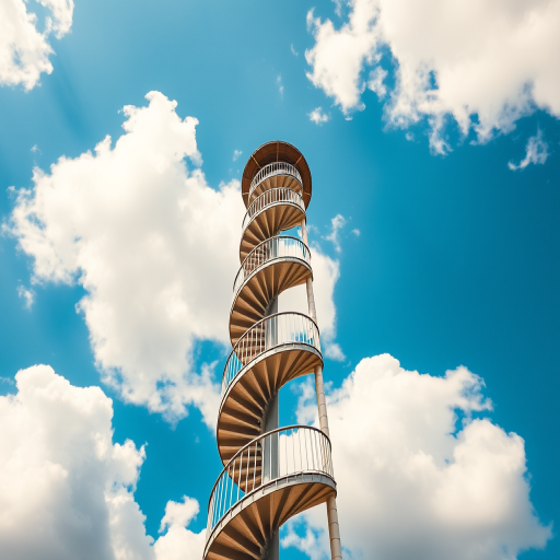 Capture a tall spiral staircase tower against a vibrant blue sky with fluffy white clouds, using a Canon EOS R5 camera with a 24-70mm f/2.8 lens, aperture set to f/8, ISO 100, shutter speed 1/250s, low-angle shot to emphasize height and structure.