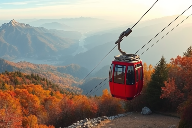 Regenerate the image of a red cable car ascending a mountain with a picturesque view of valleys and autumn foliage in the background, using a DSLR camera, 24mm lens, f/8 aperture, ISO 200, and a panoramic view to enhance detail and depth.