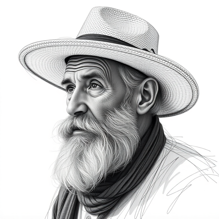 Create a high-resolution sketch of an old man with a thick beard and a wide-brimmed hat, using a Canon EOS R camera with a 50mm f/1.8 lens, at ISO 100, aperture at f/4, shutter speed at 1/200s, in soft natural lighting with a focus on facial details, capturing a side profile view in a minimalist style.