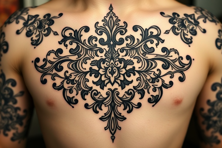 Ornamental blackwork tattoo called "Baroque Elegance" featuring intricate filigree patterns, symmetrical designs, and elaborate scrollwork inspired by historical architectural elements