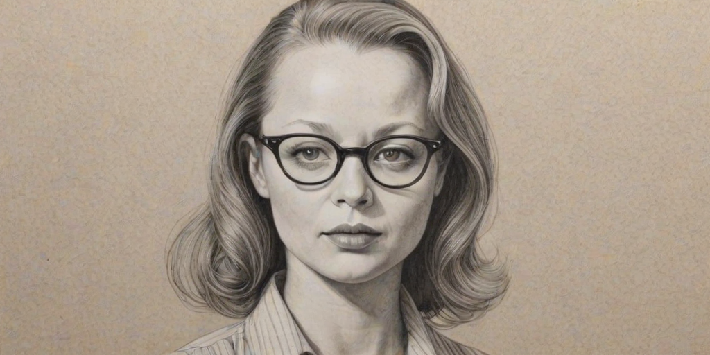 Lovely Samantha Morton, pencil sketch, portrait of Charming woman 1941s in glasses, hair style beatnik, outline, clear lines, fine lines, 8k