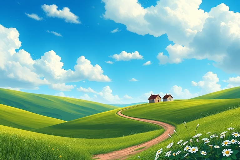 Create a vibrant landscape illustration featuring rolling green hills, a clear blue sky with fluffy clouds, a winding dirt path, two simple houses on the horizon, and a cluster of white flowers in the foreground, using digital painting techniques with a 4K resolution, 16:9 aspect ratio, and soft color gradients to enhance depth and detail.