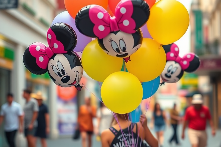 Capture a vibrant street scene featuring a woman holding colorful Minnie Mouse balloons, shallow depth of field, aperture f/2.8, ISO 100, shutter speed 1/250s, 50mm lens, natural lighting, candid style, DSLR camera.