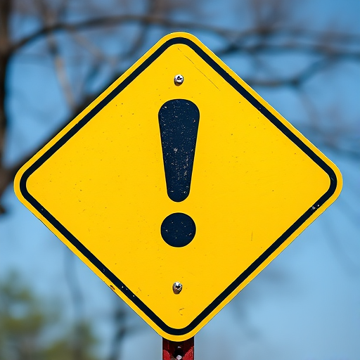 Create a highly detailed image of a yellow warning sign with a large exclamation mark in the center, shot with a DSLR camera at f/8 aperture, ISO 100, 1/200 sec shutter speed, in a close-up view with natural lighting to enhance color vibrancy and clarity.