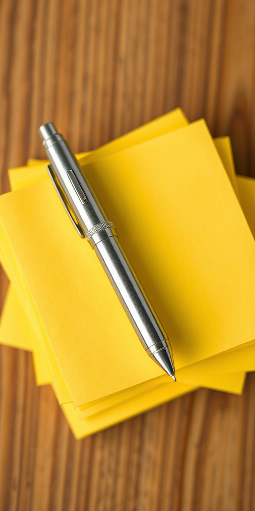 Create a high-resolution image of a silver pen resting on a stack of yellow sticky notes, using a DSLR camera with a 50mm lens, aperture f/2.8, ISO 100, shot from a top-down view.