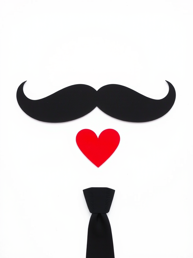 Create a minimalist illustration featuring a black mustache, a red heart, and a black tie on a white background, using a Canon EOS R5 camera with a 50mm lens, aperture set to f/1.8 for shallow depth of field, shooting in RAW format with natural lighting for enhanced detail and color richness.