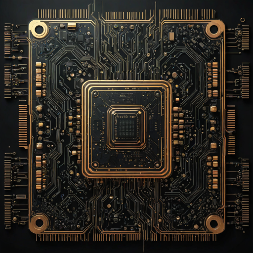 Generate a futuristic circuit board design with a central glowing processor. Emphasize intricate patterns and glowing elements, creating a high-tech, digital aesthetic. Use a dark background to enhance the brightness of the lights and details.