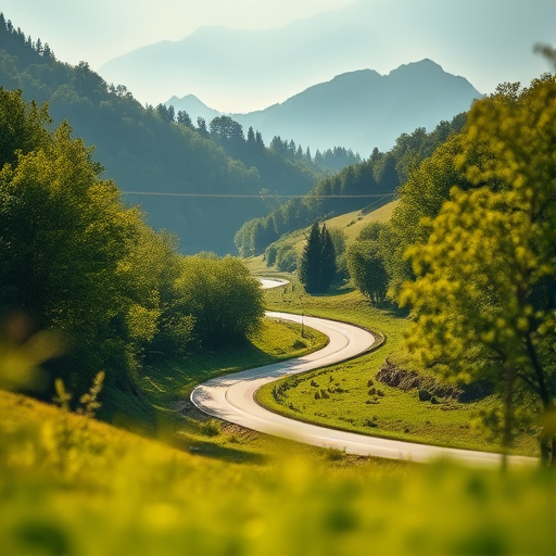 Soft-focus image of a scenic winding road through a lush green valley, soft sunlight filtering through the trees, with distant mountains softly hazy in the background.