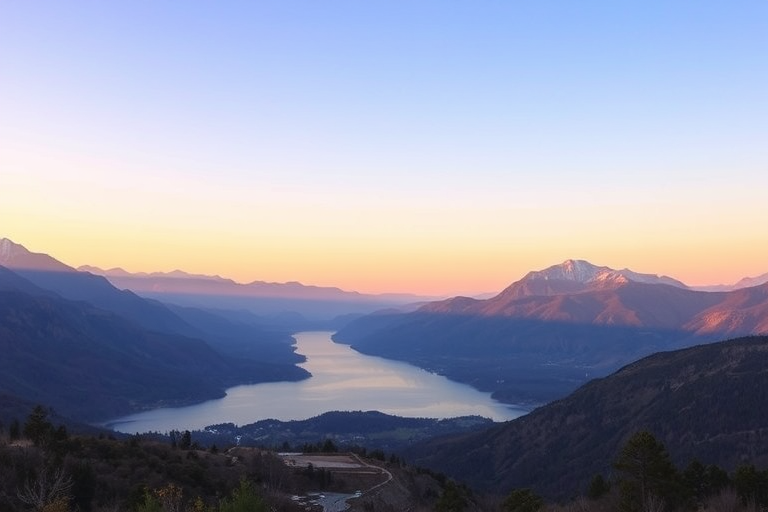 Generate a high-resolution image of a serene landscape with mountains and a lake under a clear blue sky, using a DSLR camera at f/8 aperture, ISO 100, and a shutter speed of 1/200s, taken from a wide-angle view at sunrise to capture soft lighting and vibrant colors.