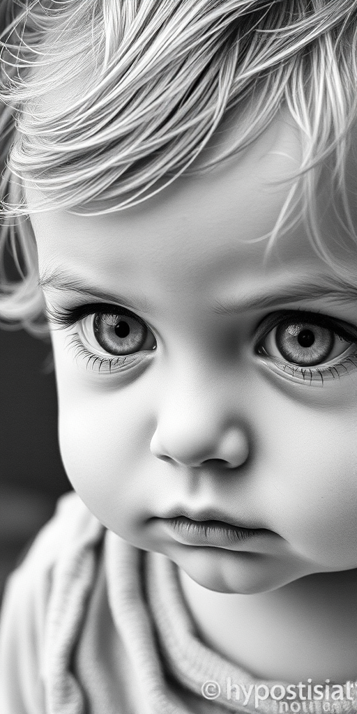 A hyperdetailed photorealistic black and white sketch of a beautiful toddler with deep white eyes, with a macro focus