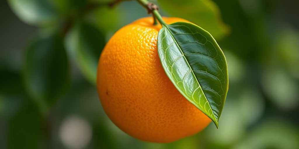 Generate a high-resolution image of a fresh orange with two green leaves, captured with a Canon EOS R5 camera at f/2.8 aperture, ISO 100, 50mm lens, natural lighting, soft focus background.