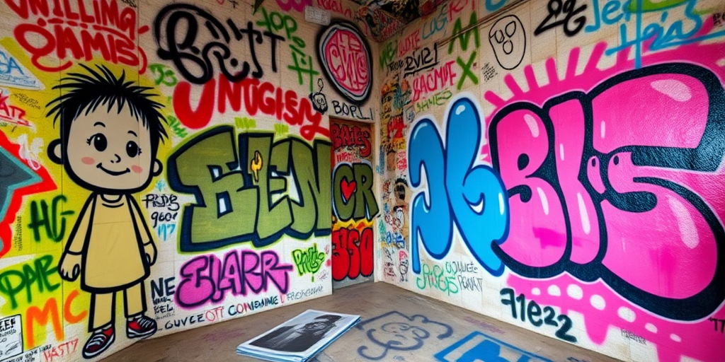 A vibrant graffiti-covered room with a childlike character on one wall and a blue abstract design on the opposite wall, captured with a Canon EOS R5, 24mm f/1.4 lens, aperture f/4, ISO 200, natural lighting, wide-angle view for enhanced detail and depth.
