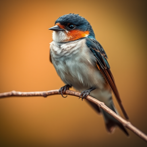 Capture a close-up of a swallow perched on a twig, using a Canon EOS 5D Mark IV with a 100mm f/2.8 macro lens, aperture set to f/4, ISO 200, shutter speed 1/250s, with a soft bokeh background to enhance clarity and detail in the bird's feathers.
