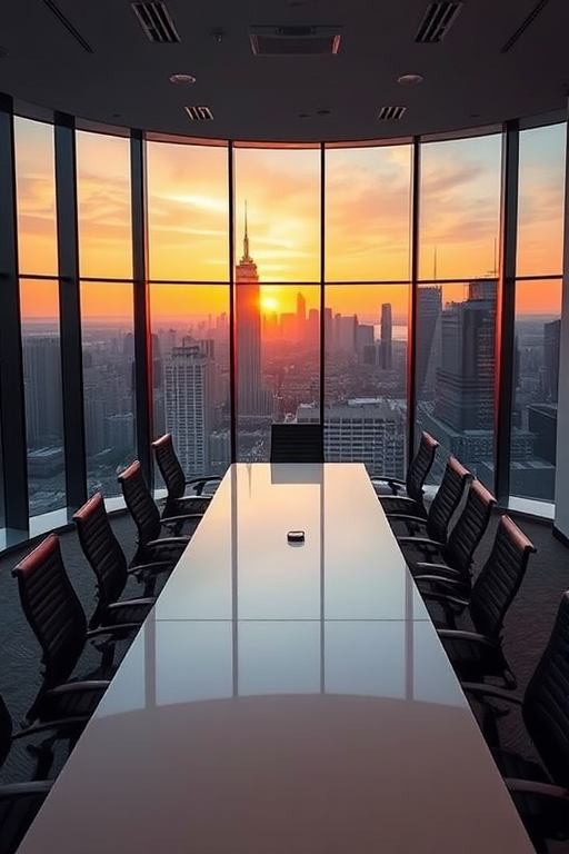 Create a modern conference room interior with large windows showing a city skyline at sunset, featuring a long white table surrounded by ergonomic chairs, ensure high dynamic range and sharp focus, shot with a DSLR camera at f/2.8 for shallow depth of field, 24mm focal length, ISO 100 for low noise, and use a wide-angle view to capture the entire room ambiance.