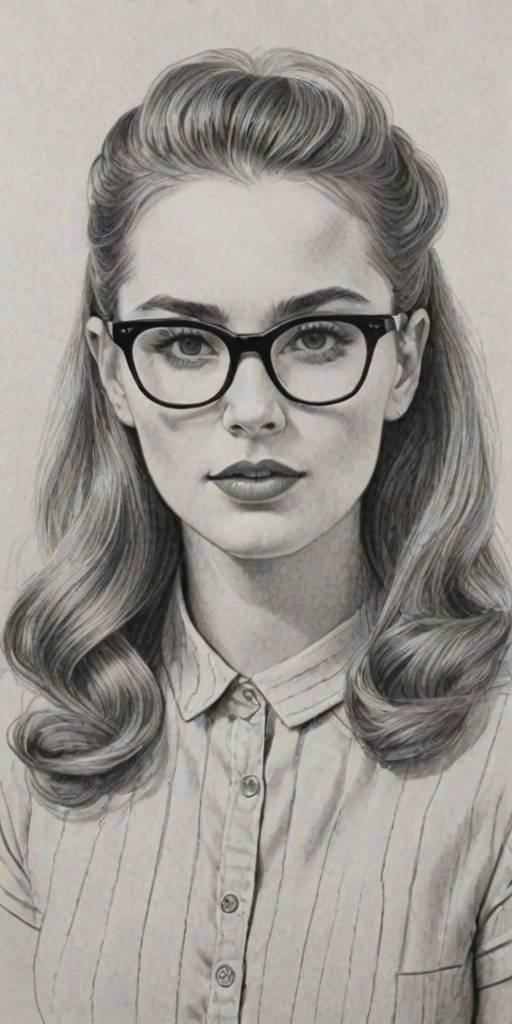 Ravishing Zoe Deutch, pencil sketch, portrait of Attractive woman 1939s in glasses, hair style beatnik, outline, clear lines, fine lines, 8k